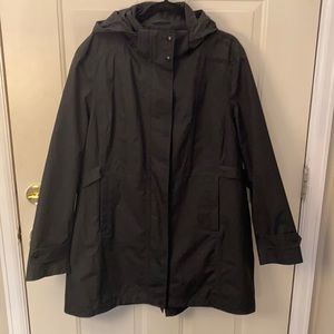 Weatherproof jacket with hood.